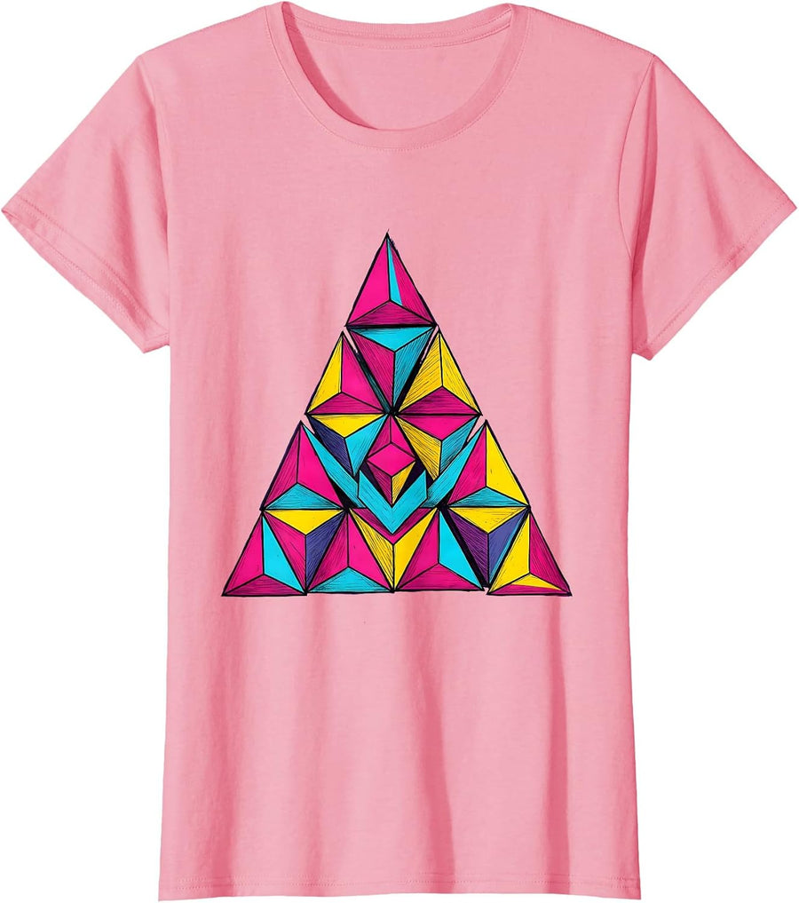 Women's Neon Geometric Triangle 80s Retro Design T-Shirt - Pink