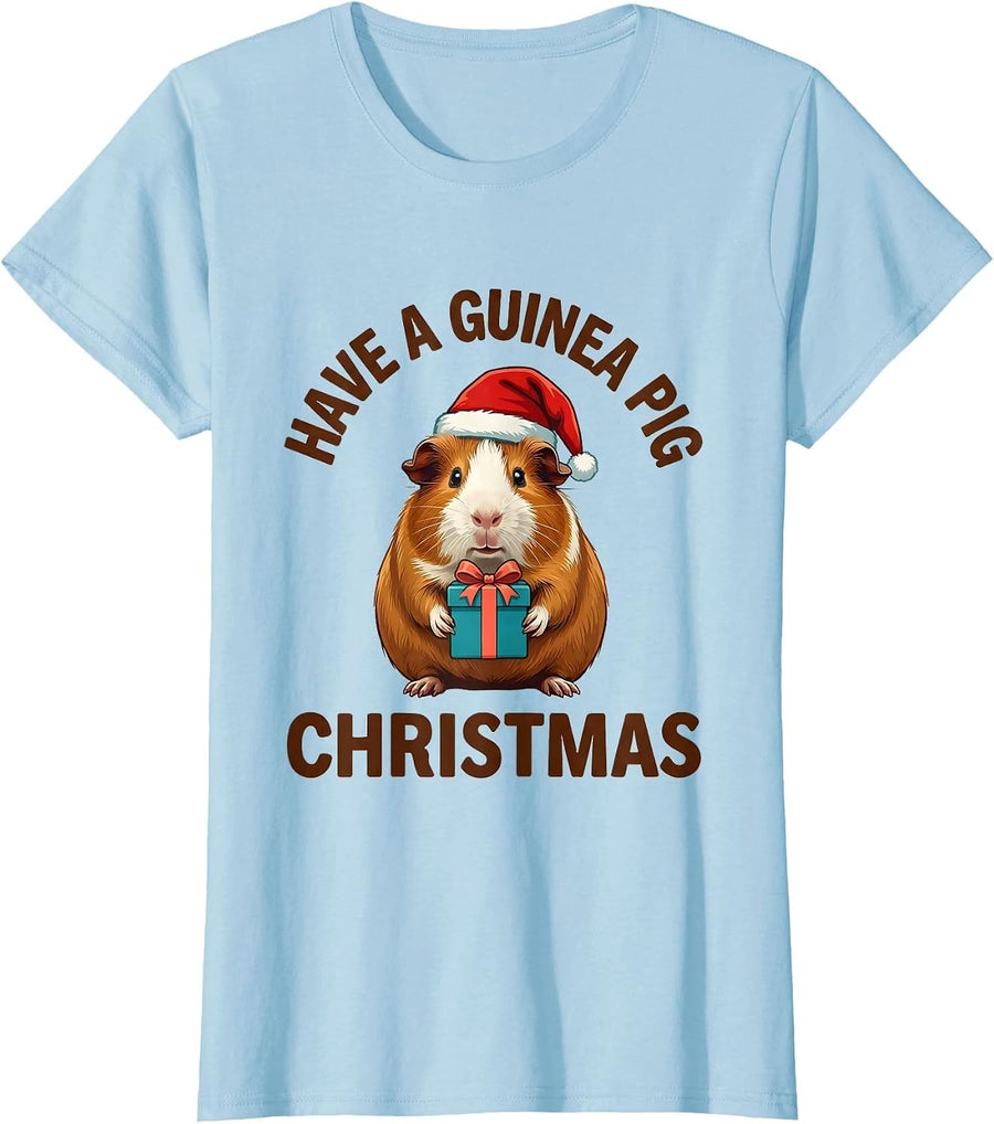 Women's Have A Guinea Pig Christmas Funny Santa Hat Pet Lover T-Shirt - Baby Blue