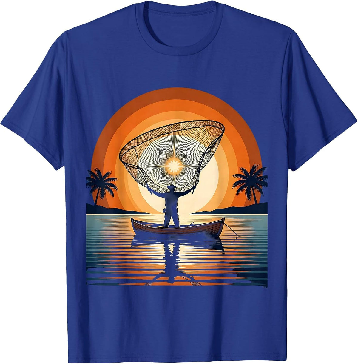 Men's Puerto Rico Fisherman Sunset Casting Net Art T-Shirt - Royal Blue