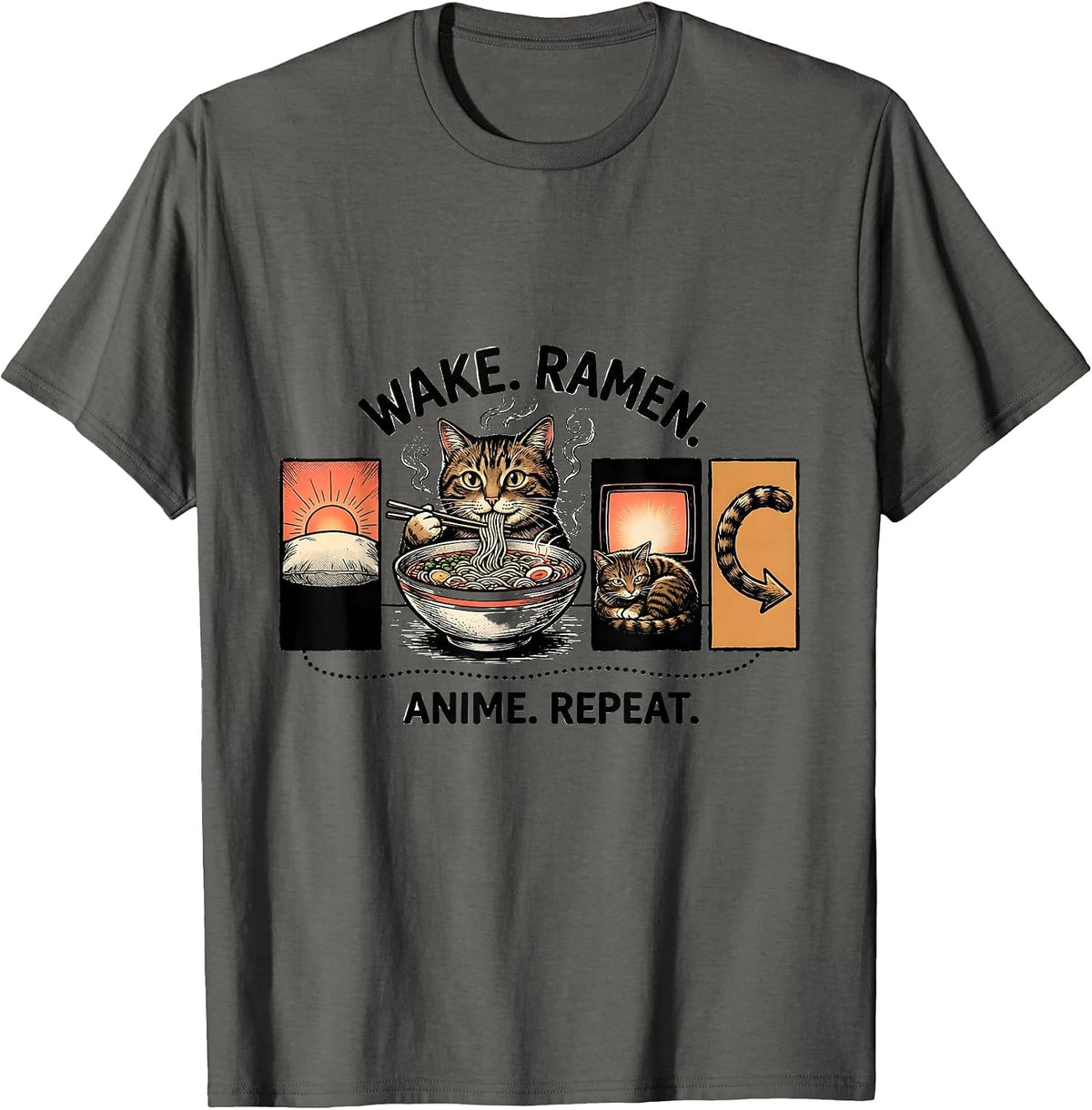 Wake. Ramen. Anime. Repeat. Funny Kawaii Cat Anime Gift T-Shirt - Asphalt Grey