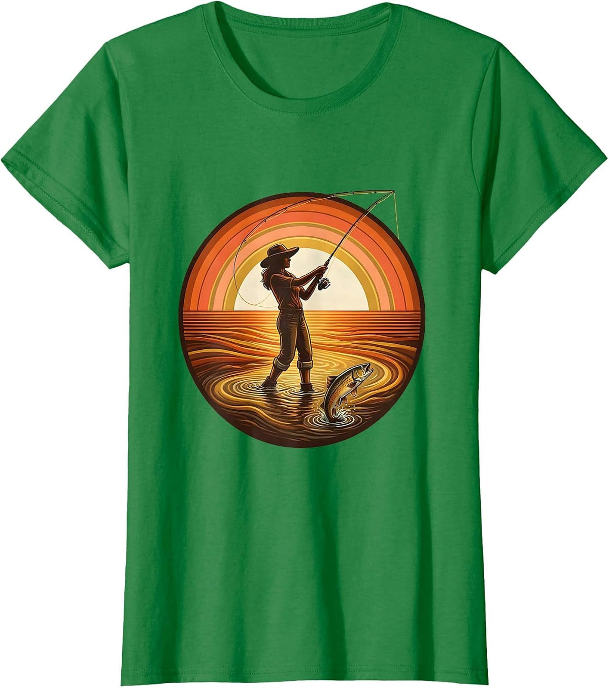 Women's Fly Fishing Wading Stream Catching Trout Graphic T-Shirt - Kelly Green