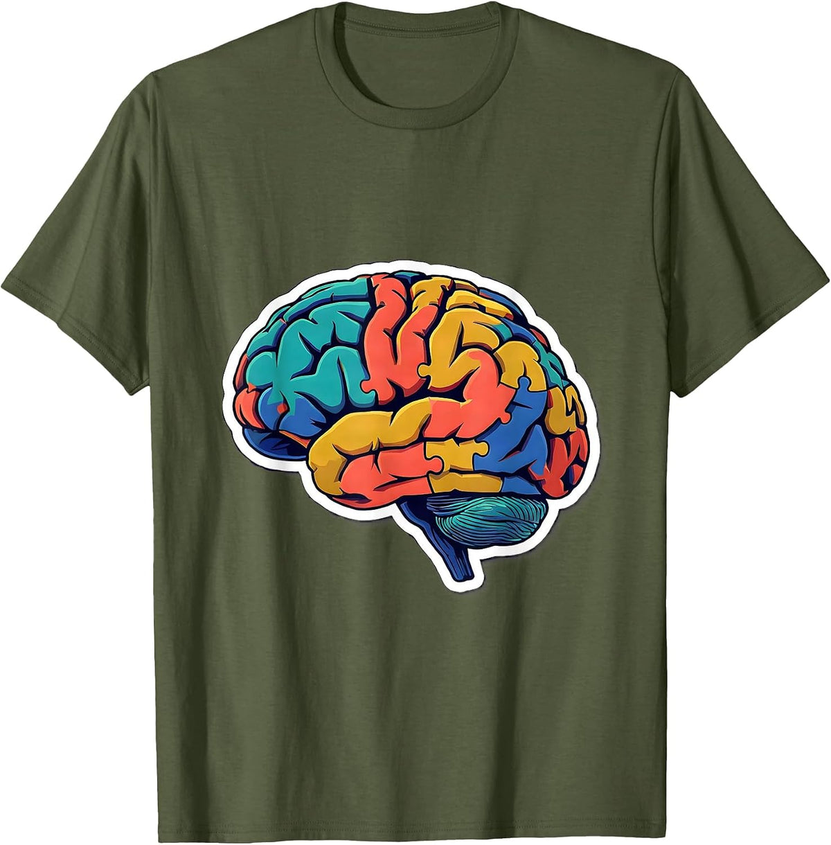 Men's Puzzle Piece Brain Special Education Design T-Shirt - Olive Green