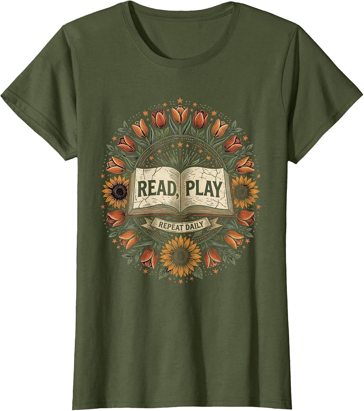 Women's Read Play Repeat Daily Preschool Teacher Design T-Shirt - Olive Green