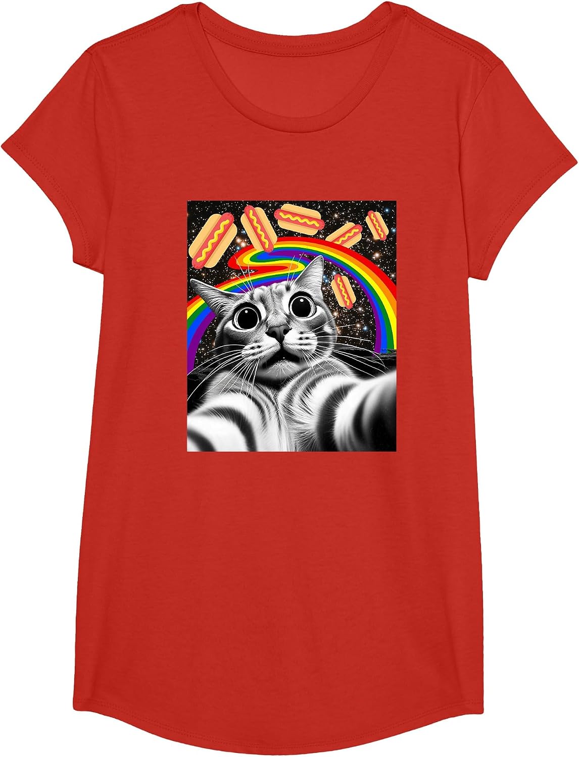Funny Graphic Rainbow Hotdog UFOs Cosmic Space Selfie Cat T-Shirt - Girls Red