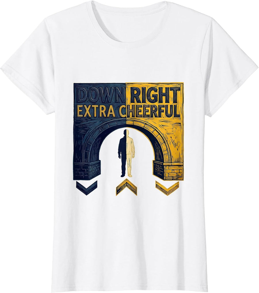 Women's Down Right Extra Cheerful Linocut Down Syndrome Awareness T-Shirt - White