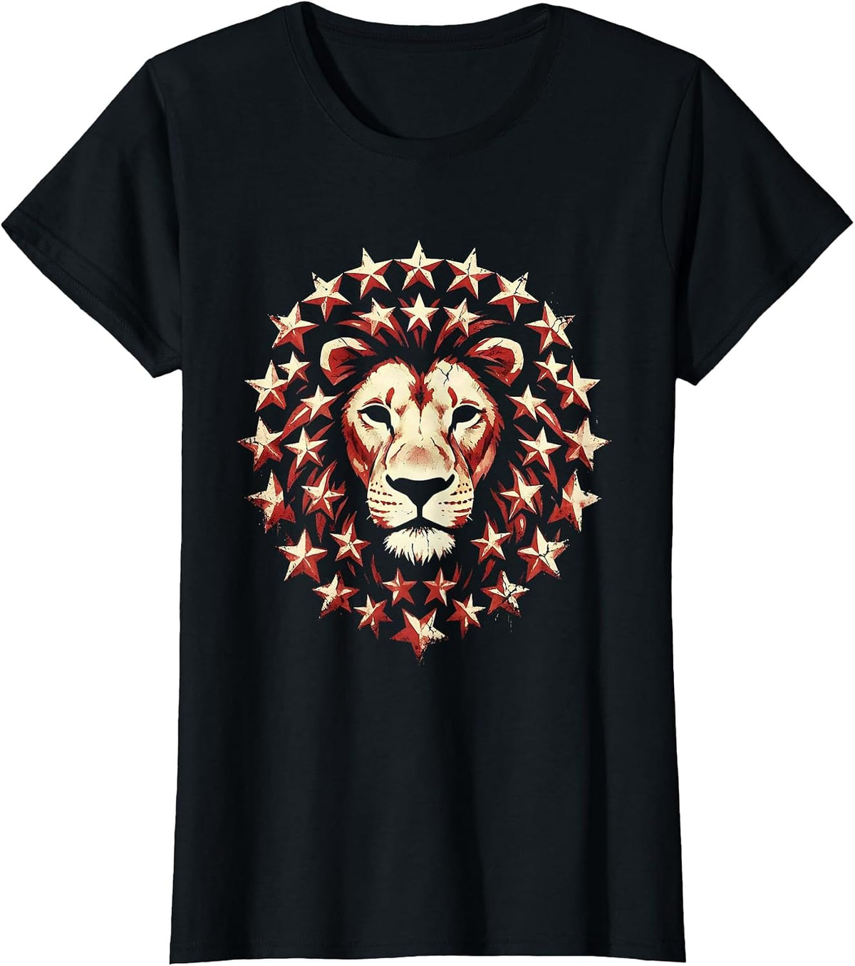 Red White and Blue Star-Spangled Lion Design T-Shirt - Black