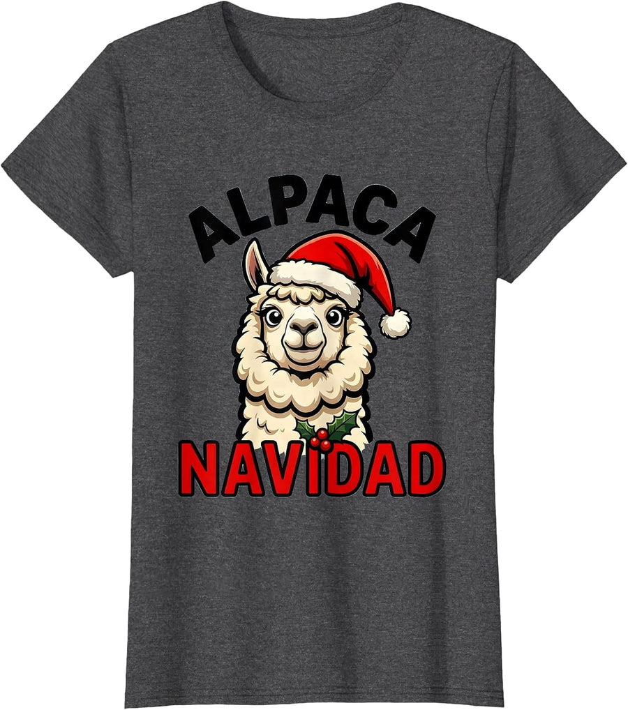 Women's Alpaca Navidad Funny Cartoon Christmas Pun Novelty Gift T-Shirt - Dark Heather Grey