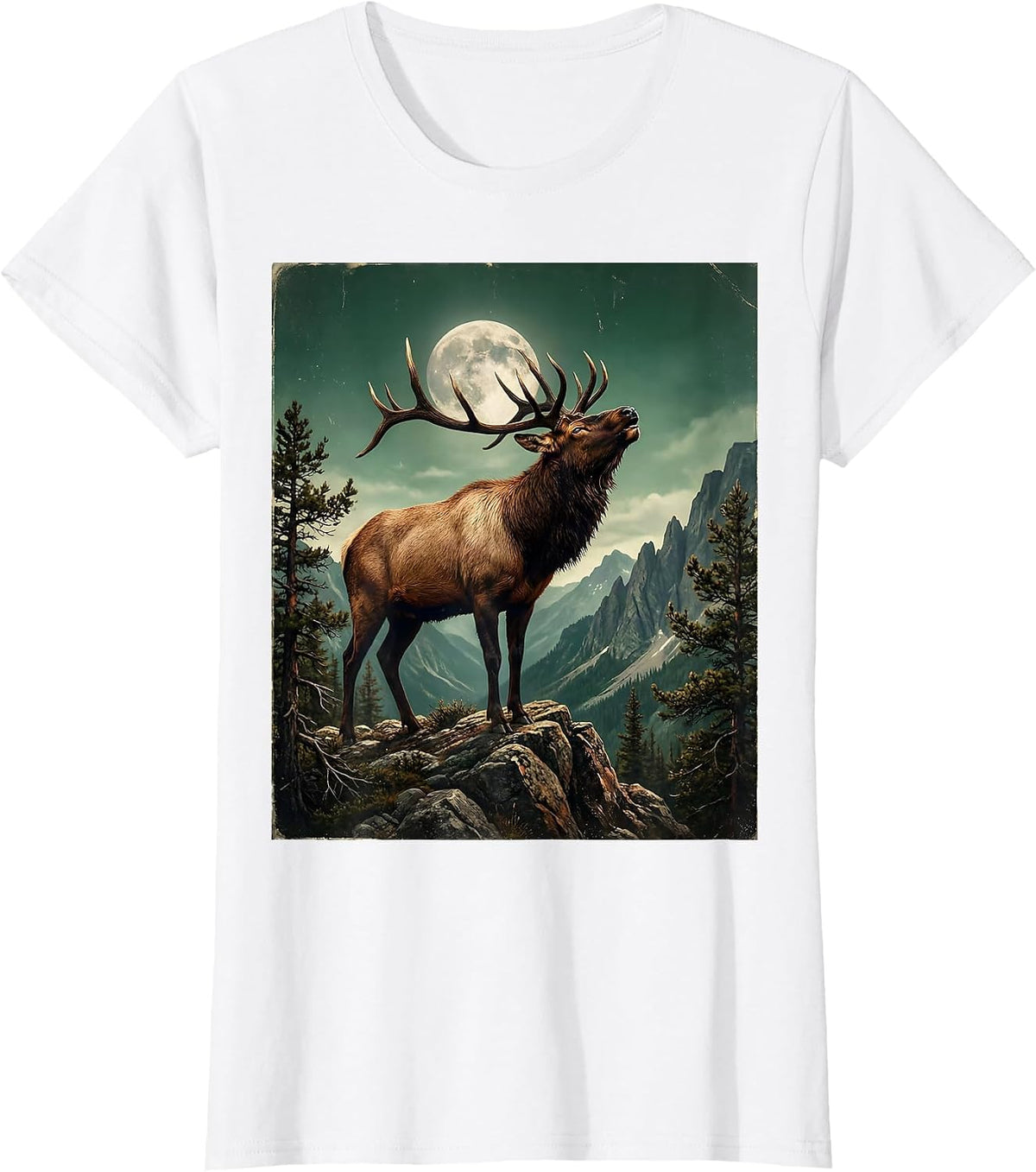 Women's Elk Bugling on Mountain Ridge Wildlife Design T-Shirt - White