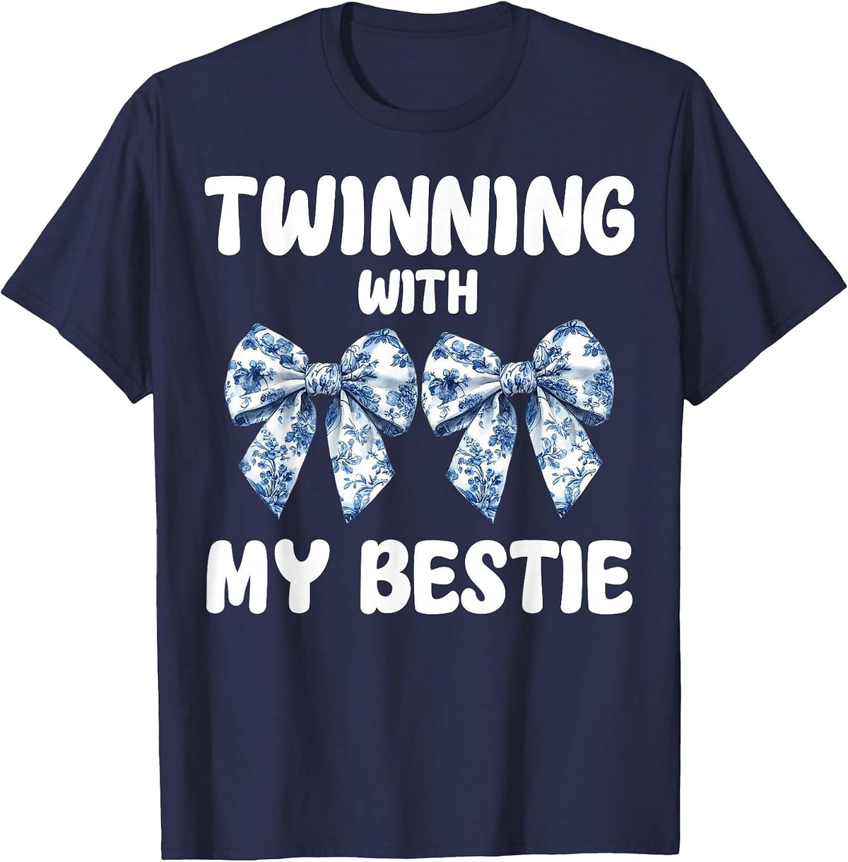 Cute Twinning with My Bestie Blue Toile Bow Coquette Bow T-Shirt - Navy Blue