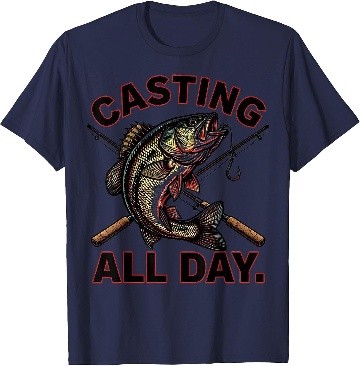 Casting All Day Long Sleeve Fishing Design for Men T-Shirt - Navy Blue
