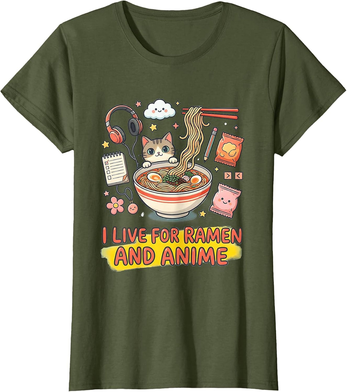 Women's I Live For Ramen And Anime Kawaii Cat Anime Gift T-Shirt - Olive Green