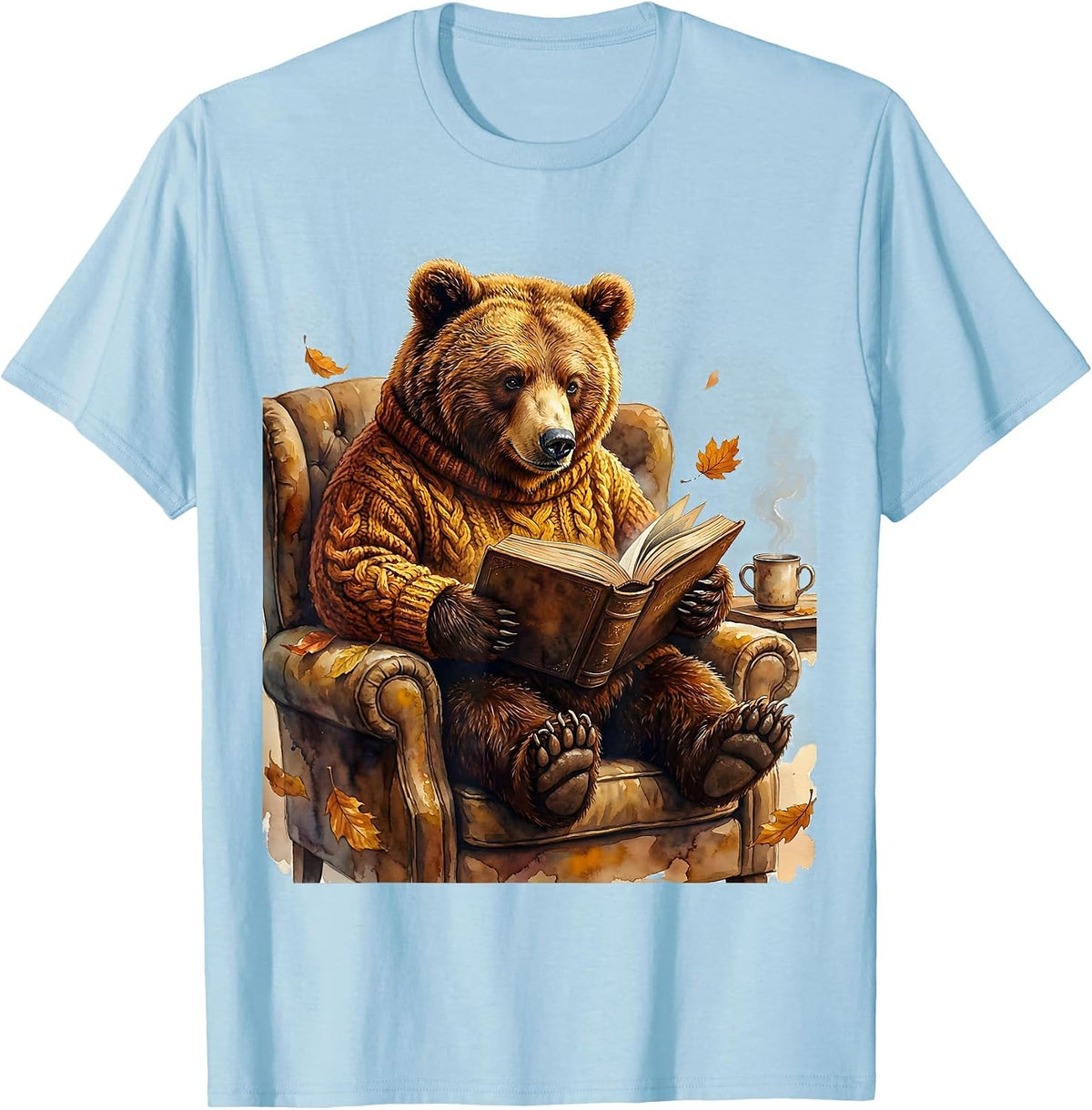 Men's Fall Teacher Bear Reading Book Illustration T-Shirt - Baby Blue