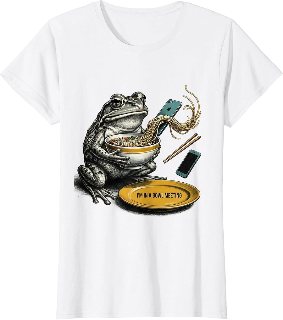 Women's I’m In A Bowl Meeting Funny Grumpy Frog Japanese Art Ramen T-Shirt - White