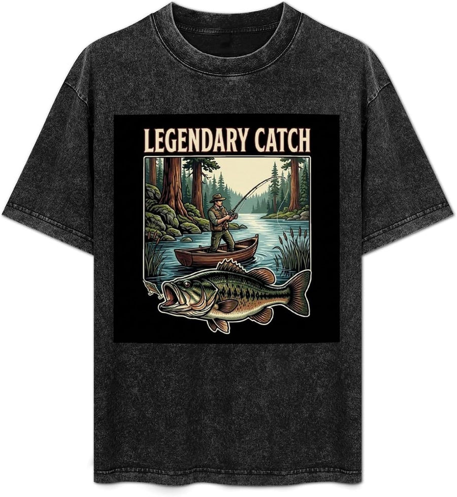 Vintage Washed Cotton Men Bass Fishing T‑Shirt, Bass Legendary Catch Graphic Tee, Casual Short Sleeve for Fishing Lovers -