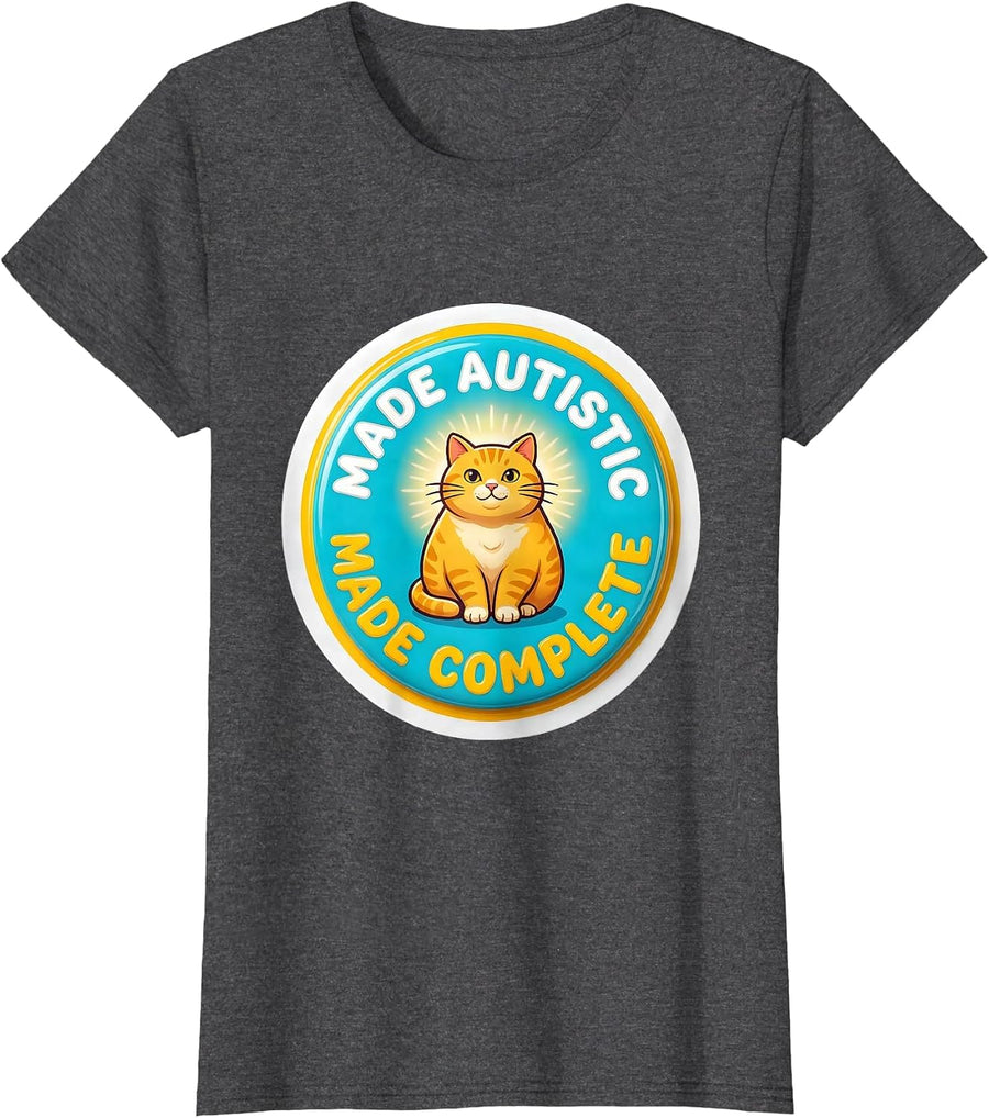 Women's Made Autistic Made Complete Funny Autistic Cat Meme Bootleg T-Shirt - Dark Heather Grey