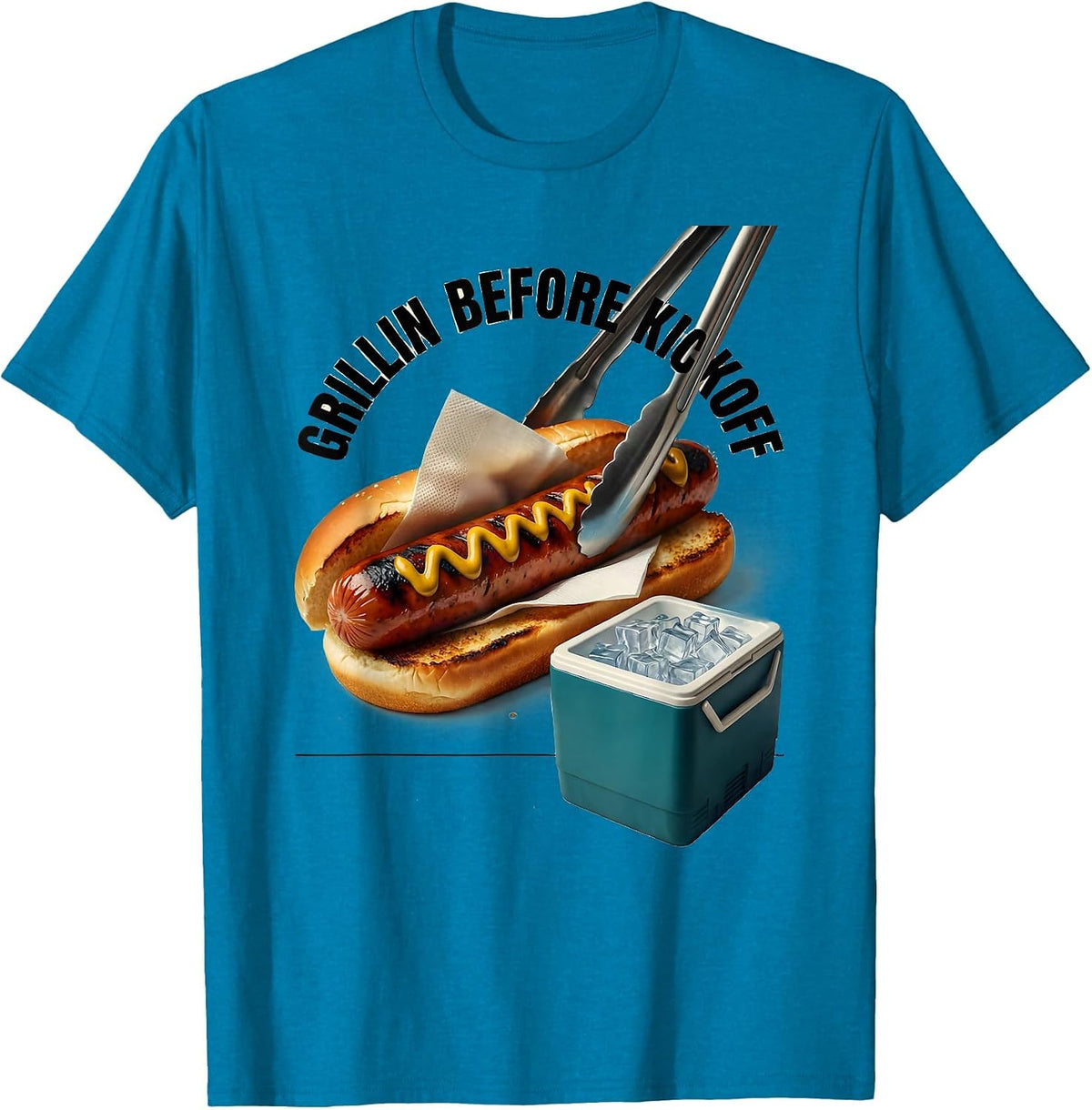 Grillin Before Kickoff Midcentury Modern Hot Dog BBQ Humor T-Shirt - Sapphire Blue