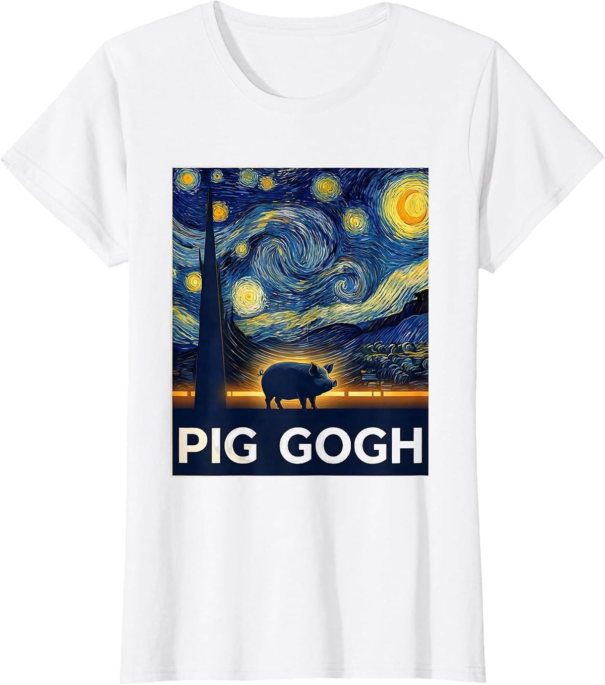 Women's Pig Gogh Flat Vector Art Parody Pet Lover Gift T-Shirt - White