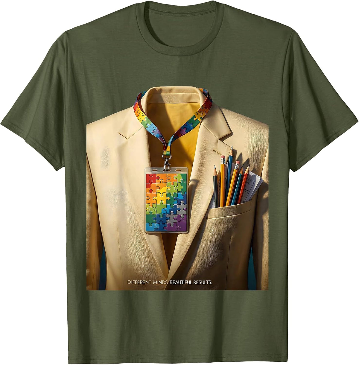 Different Minds Beautiful Results Sped Teacher Design T-Shirt - Olive Green