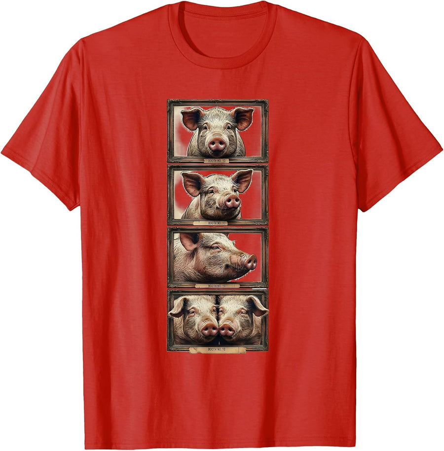 Men's BOOTH NO. 10 Vintage Pig Photobooth Funny Animal Lover T-Shirt - Red