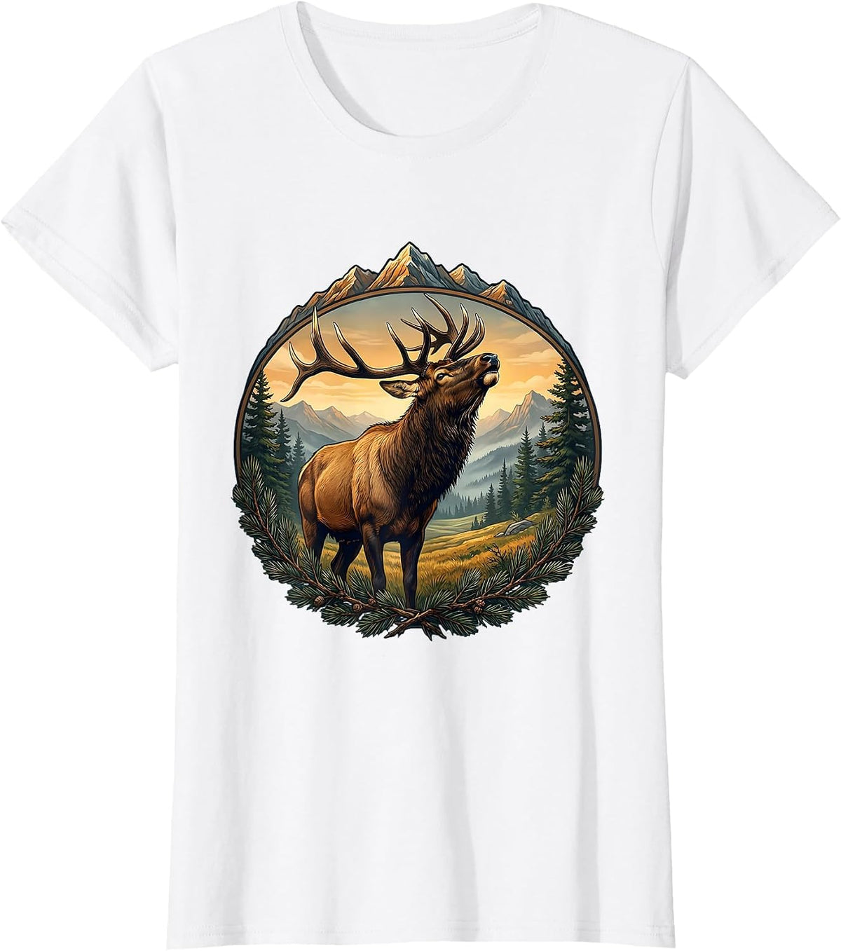 Rocky Mountain Elk Bugling Alpine Meadow Art T-Shirt - White
