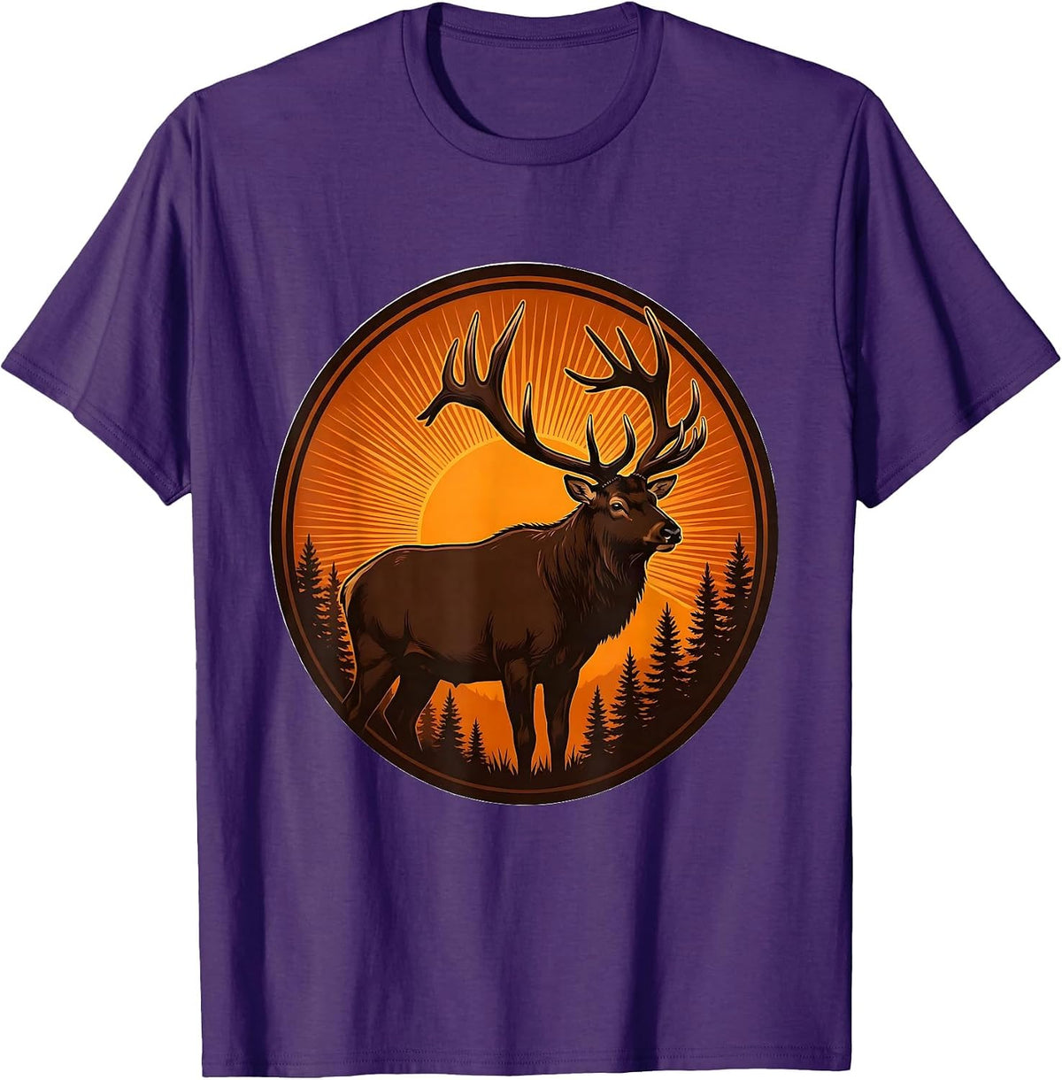 Men's Elk Silhouette Orange Sunset Fall Nature Design T-Shirt - Purple