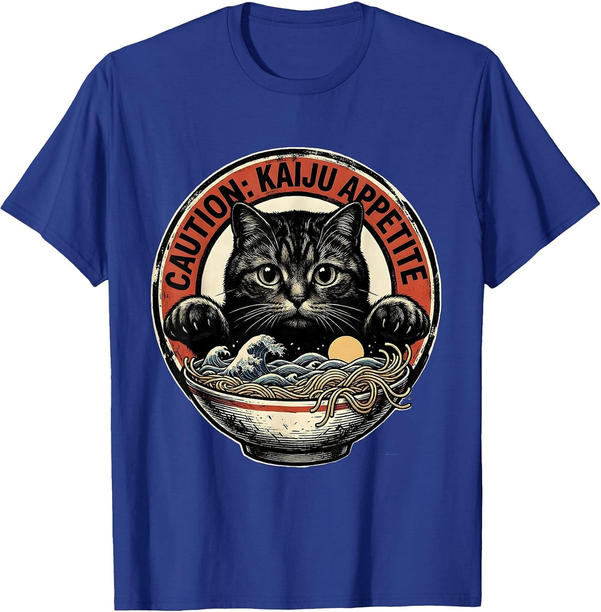 Caution: Kaiju Appetite Playful Japanese Cat Anime Ramen Art T-Shirt - Royal Blue