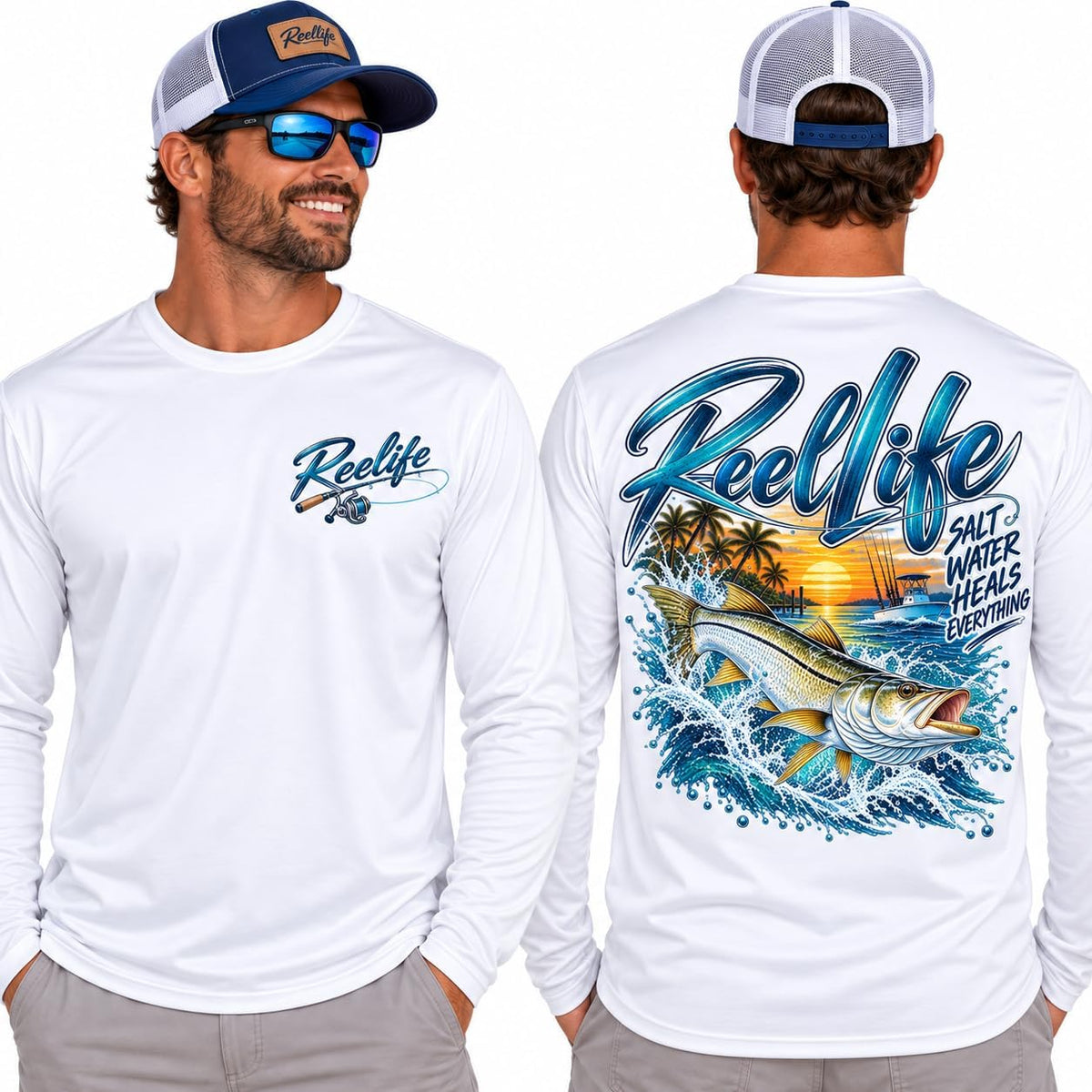 Reel Life SnookFishing Long Sleeve Tee | Ocean Sunset Beach Graphic - White