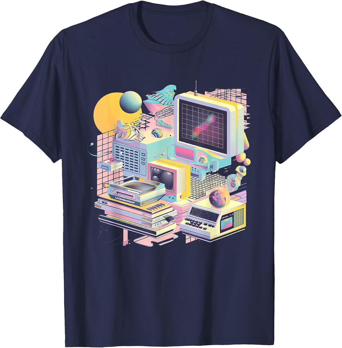 Retro Futuristic Synthwave Style Aesthetic T-Shirt - Navy Blue
