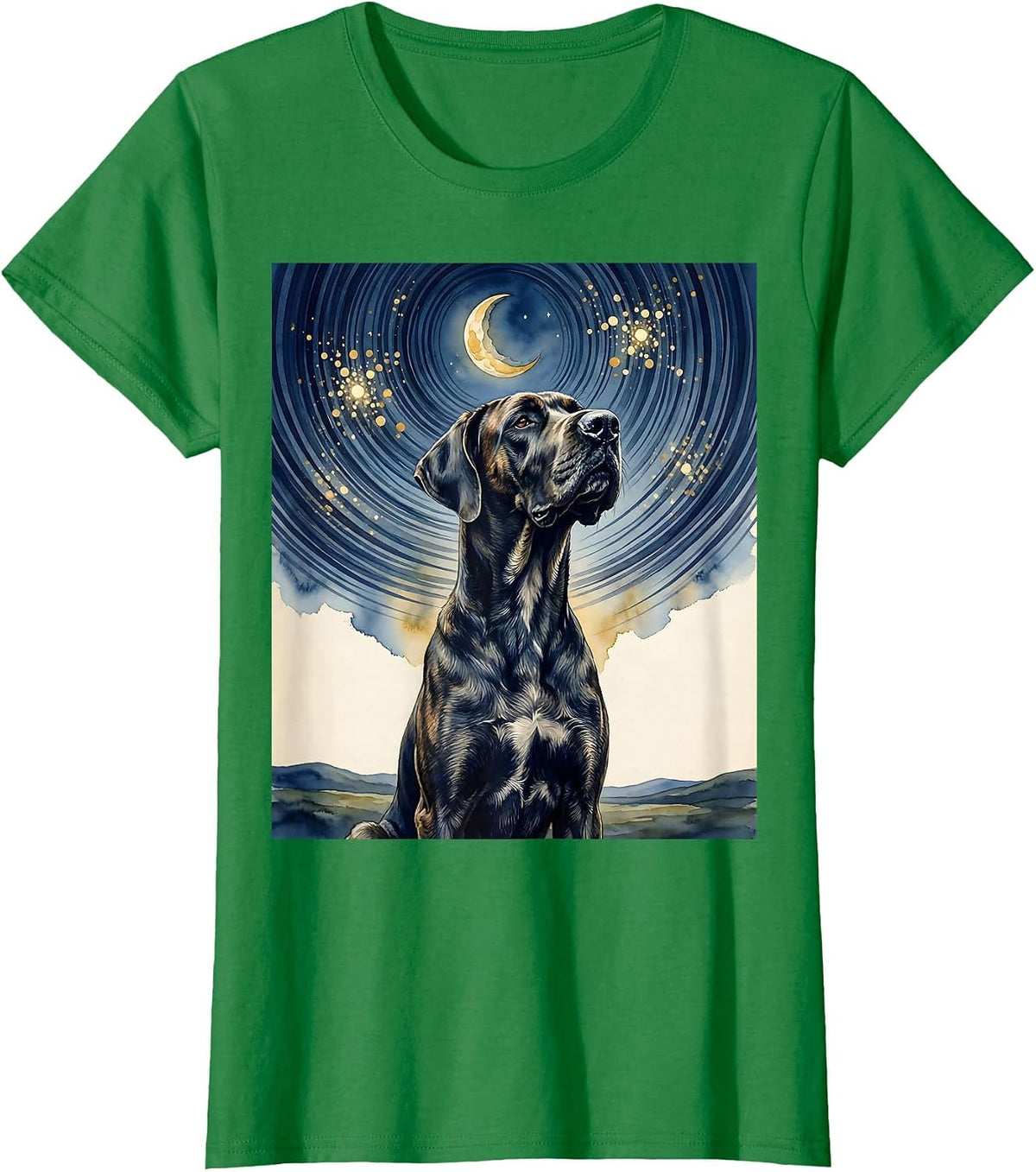 Women's Great Dane Van Gogh Style Starry Night Portrait T-Shirt - Kelly Green