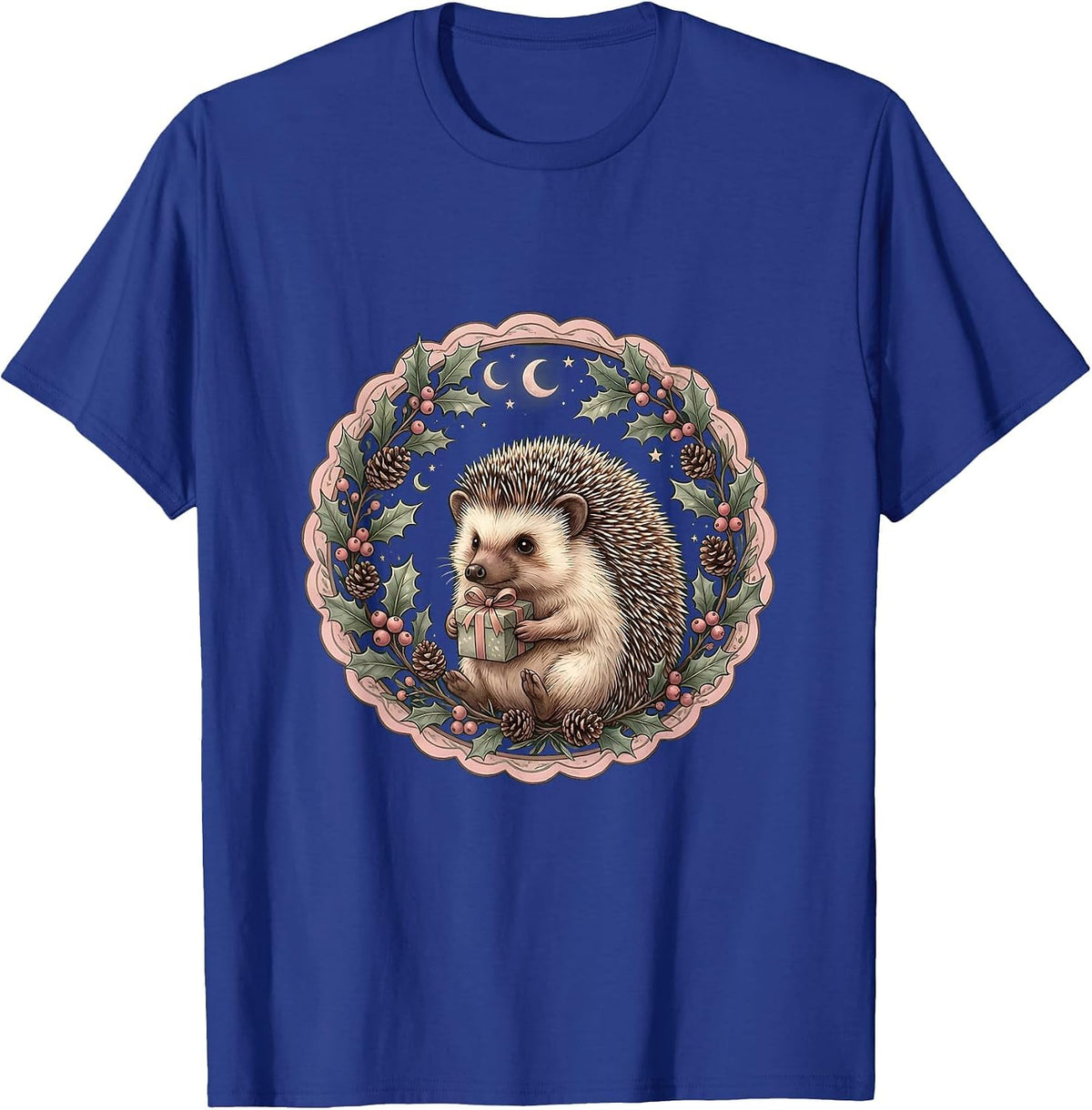 Christmas Hedgehog Carrying a Tiny Wrapped Gift T-Shirt - Royal Blue