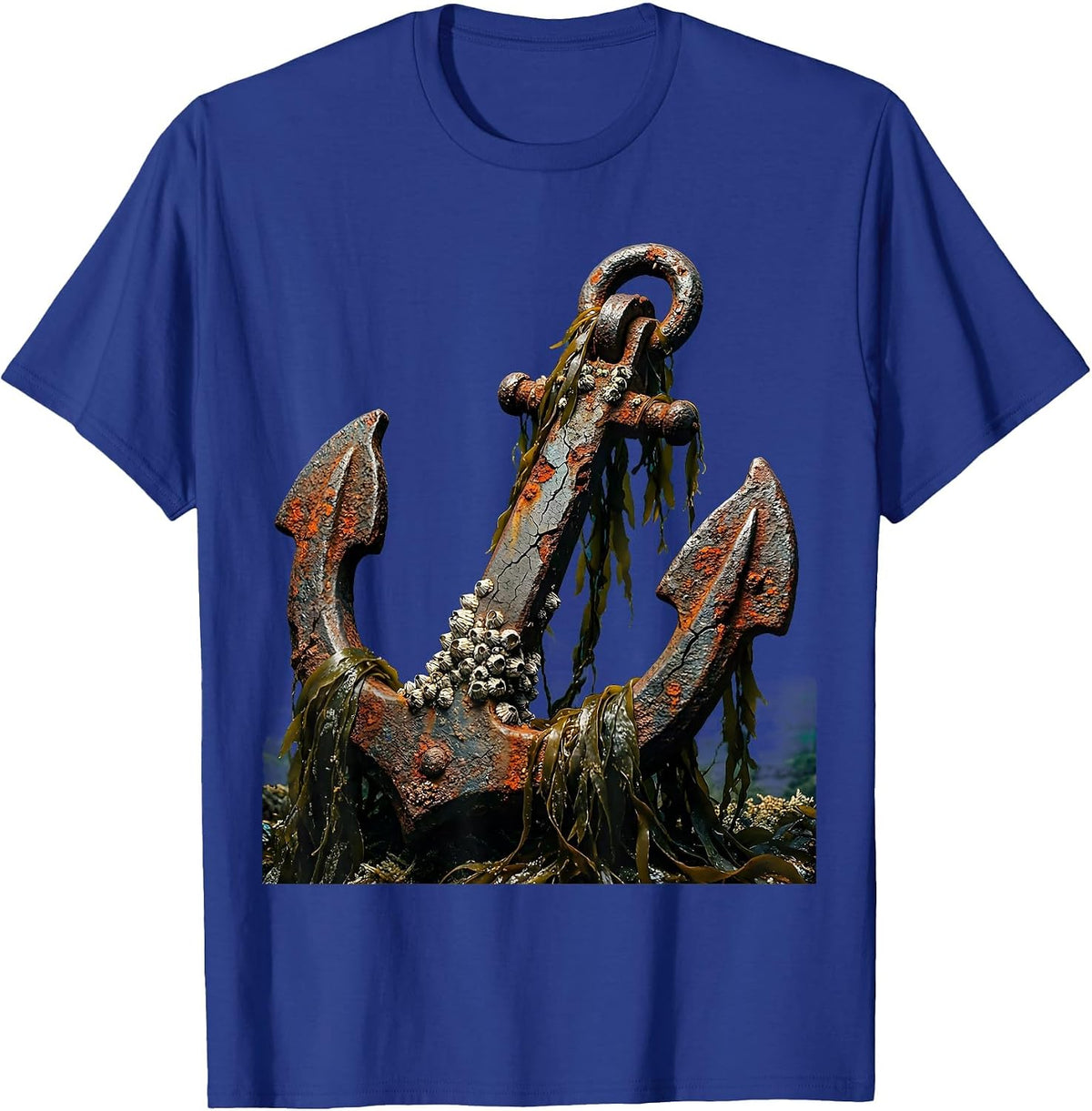 Sunken Anchor Barnacles and Seaweed Sailor Art T-Shirt - Royal Blue