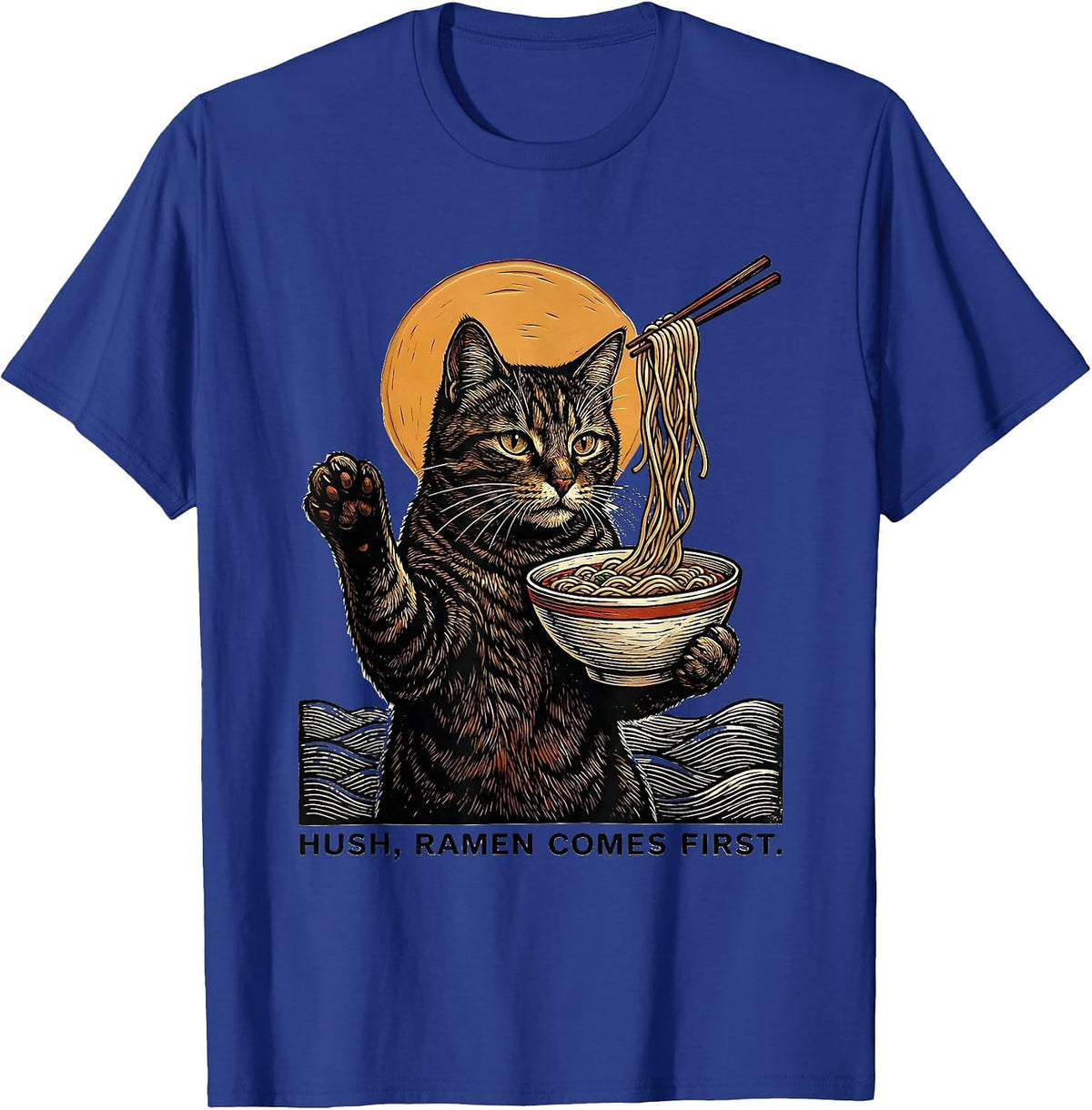 Men's Hush, Ramen Comes First Funny Kawaii Anime Cat Gift T-Shirt - Royal Blue