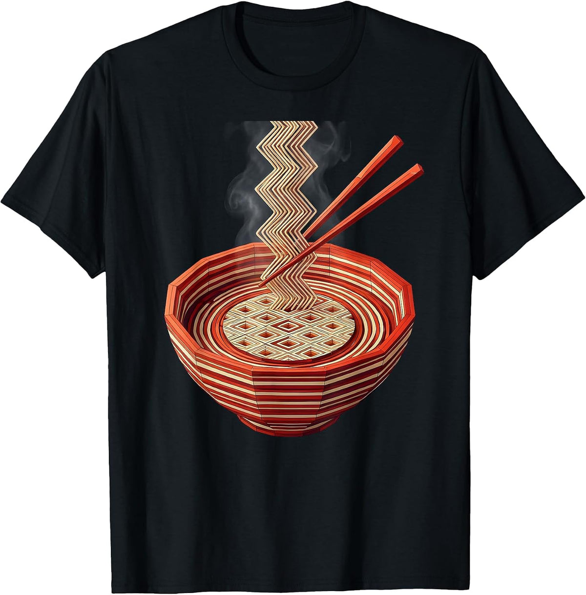Men's Japanese Ramen Bowl Chopsticks Steam Illustration T-Shirt - Black