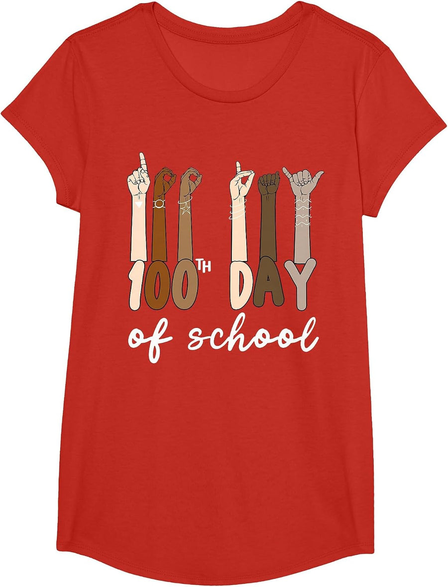 100 Days of School Hand Sign Language Teachers ASL Boys Girl T-Shirt - Girls Red