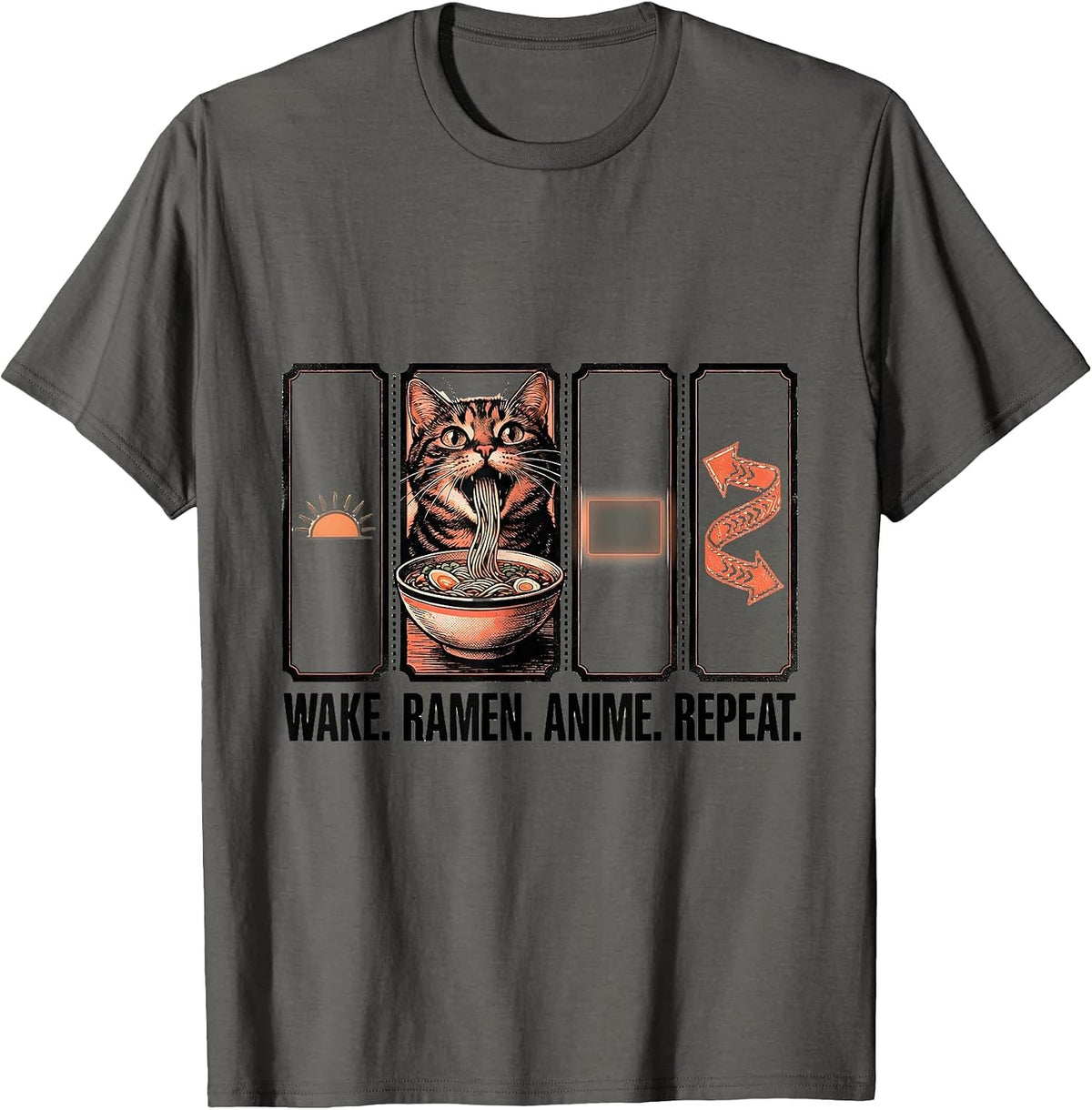 Men's Wake. Ramen. Anime. Repeat. Funny Kawaii Cat Anime Gift T-Shirt - Asphalt Grey