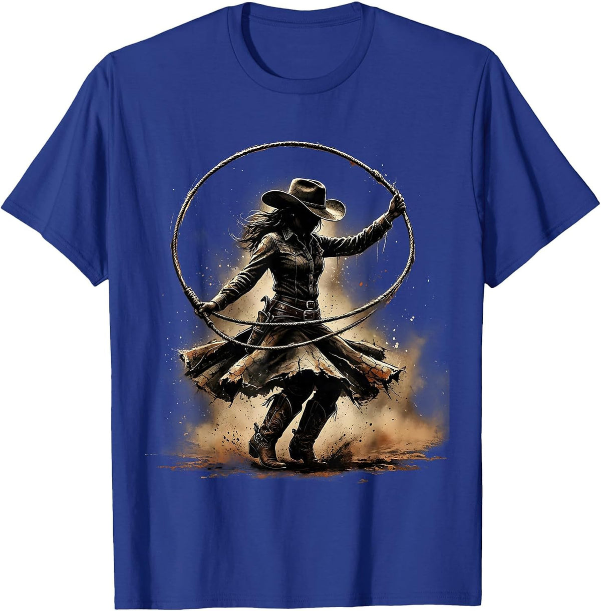 Cowgirl Twirling Lasso Western Rodeo Graphic T-Shirt - Royal Blue
