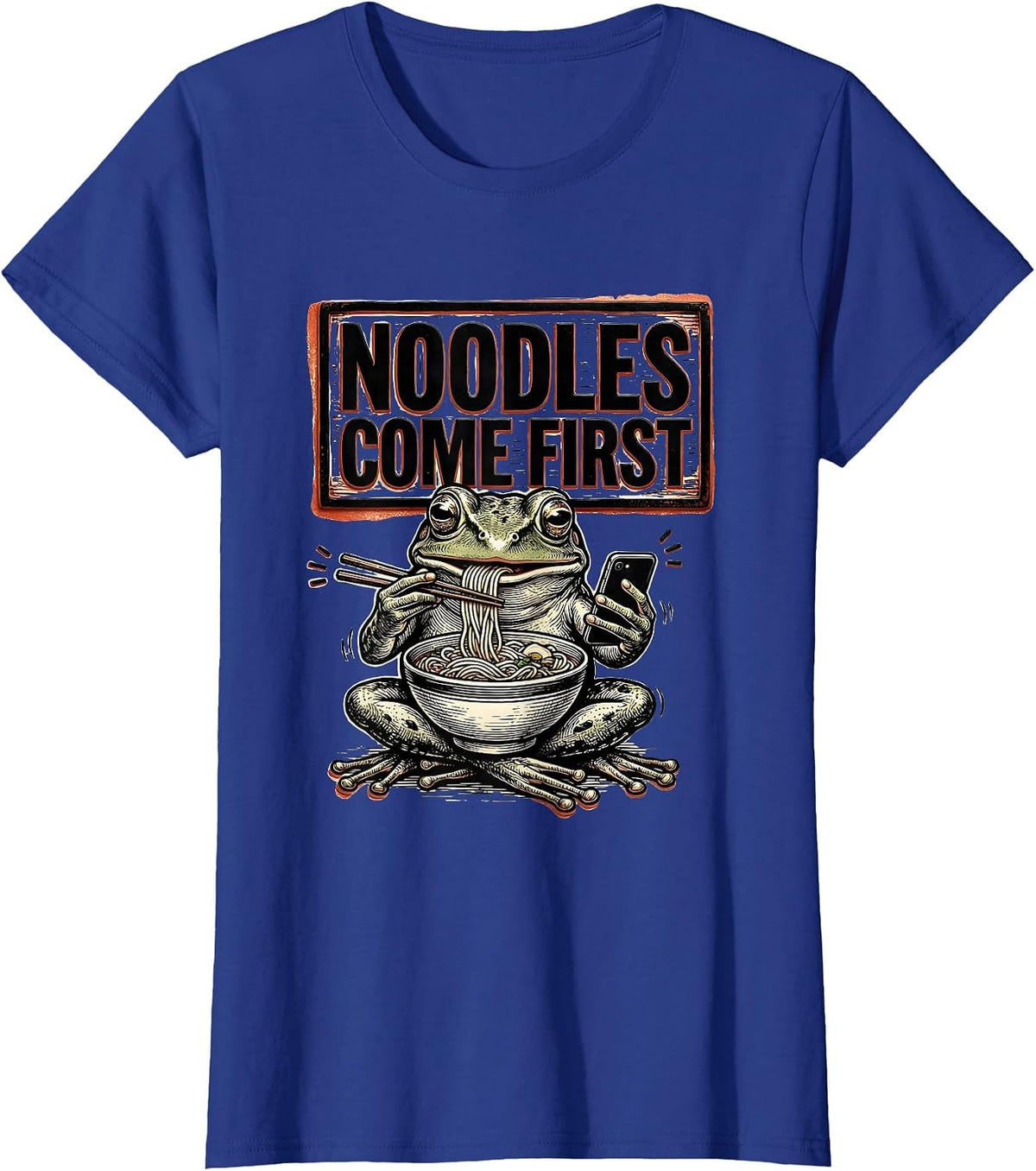 Women's Noodles Come First Funny Grumpy Frog Japanese Art Ramen T-Shirt - Royal Blue