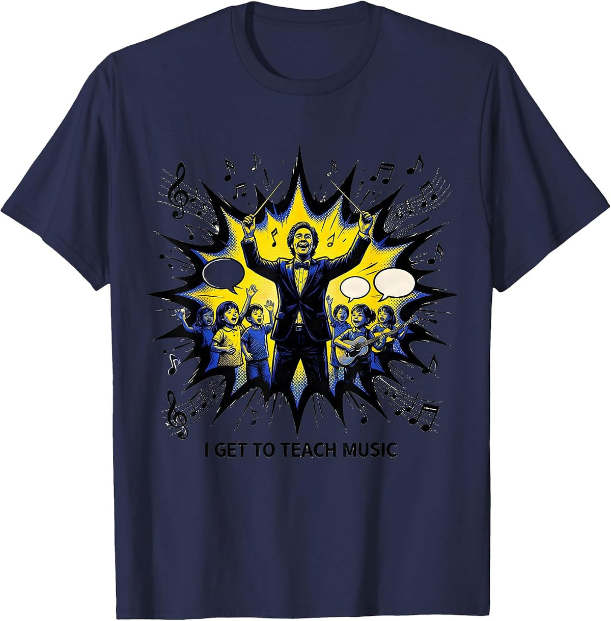 I Get To Teach Music Comic Book Music Teacher Back To School T-Shirt - Navy Blue