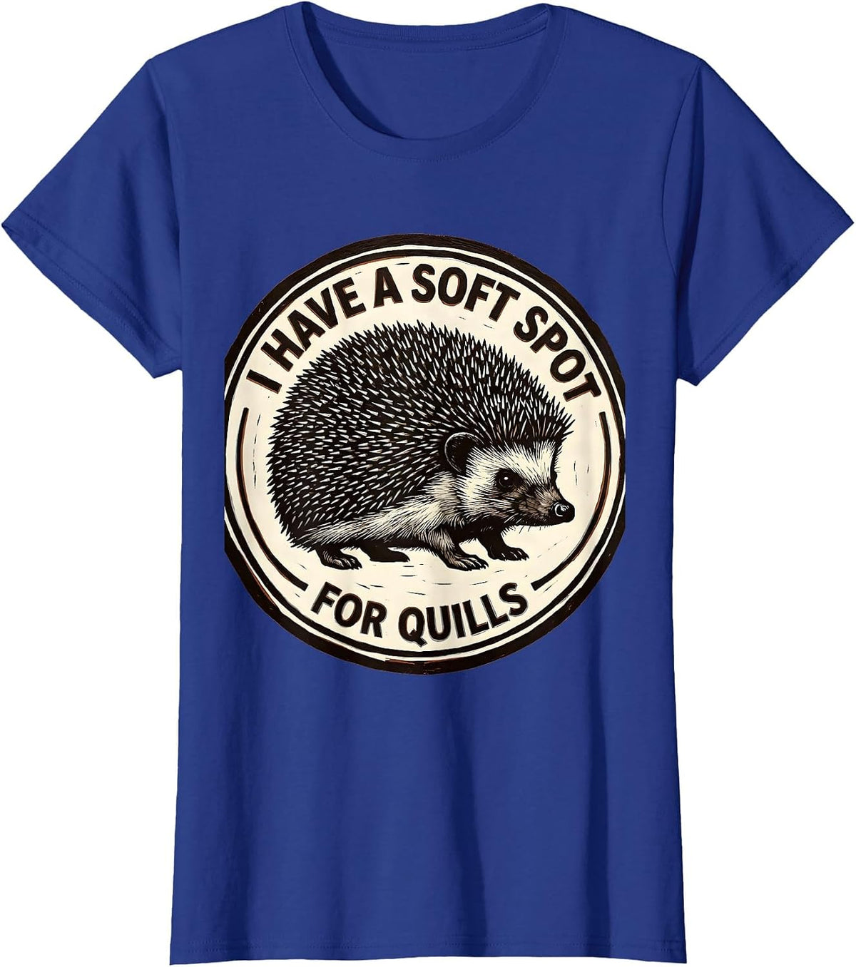 Women's I Have A Soft Spot For Quills Cute Hedgehog Lover Linocut T-Shirt - Royal Blue