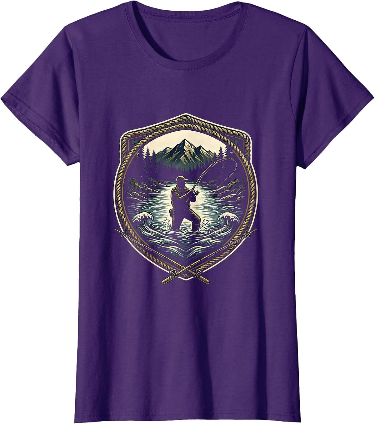 Women's Fly Fishing River Wading Graphic Design T-Shirt - Purple