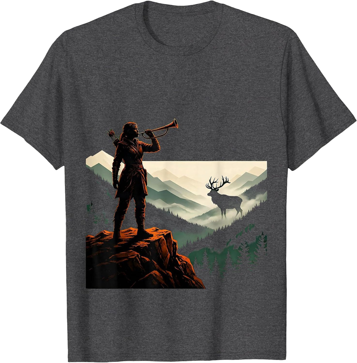 Huntress Elk Call Misty Mountain Valley T-Shirt - Dark Heather Grey