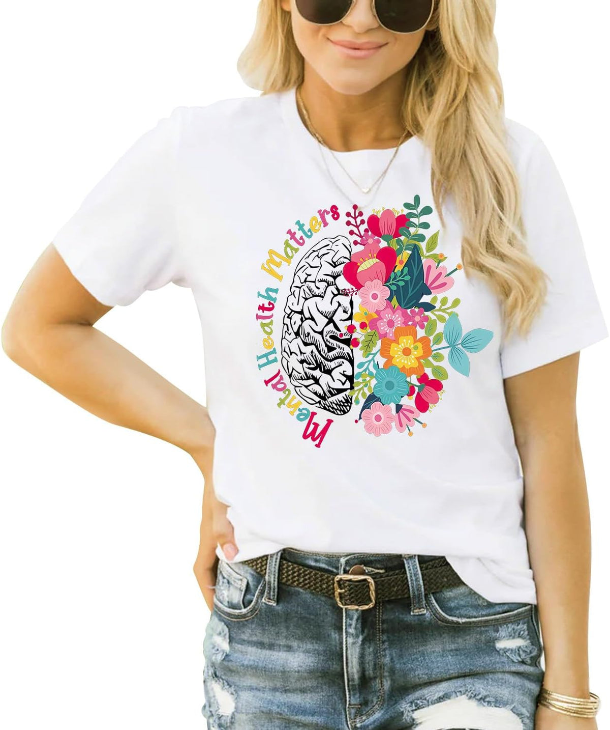 Womens Mental Health Matters Shirts Human Brain Illness Awareness T-Shirt Therapist Tee Top - White