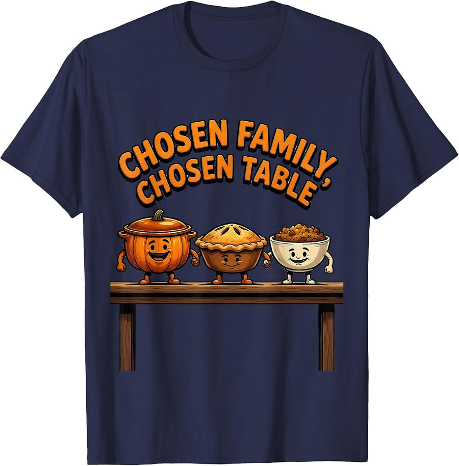 Chosen Family Chosen Table Cartoon Friendsgiving Matching T-Shirt - Navy Blue