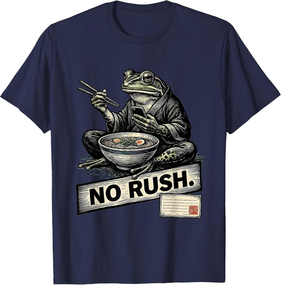 No Rush Funny Grumpy Frog Eat Ramen and Scroll Phone T-Shirt - Navy Blue