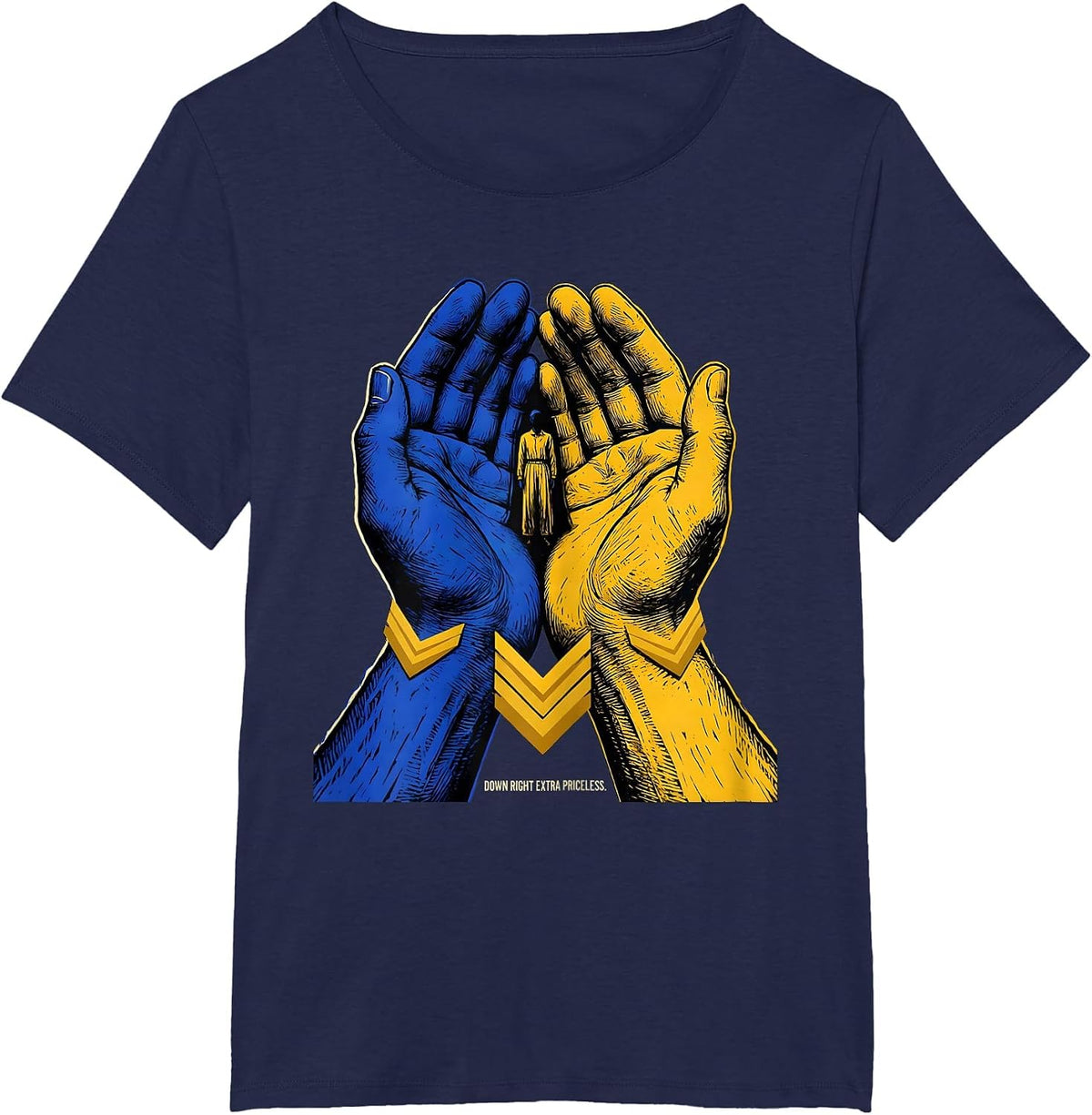 Women's Down Right Extra Priceless Linocut Down Syndrome Awareness T-Shirt - Navy Blue