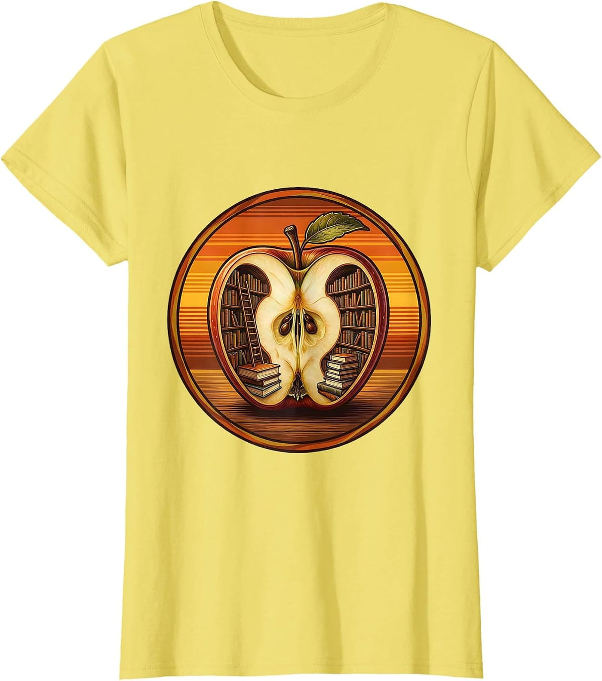 English Teacher Apple Bookshelf Illustration T-Shirt - Lemon Yellow