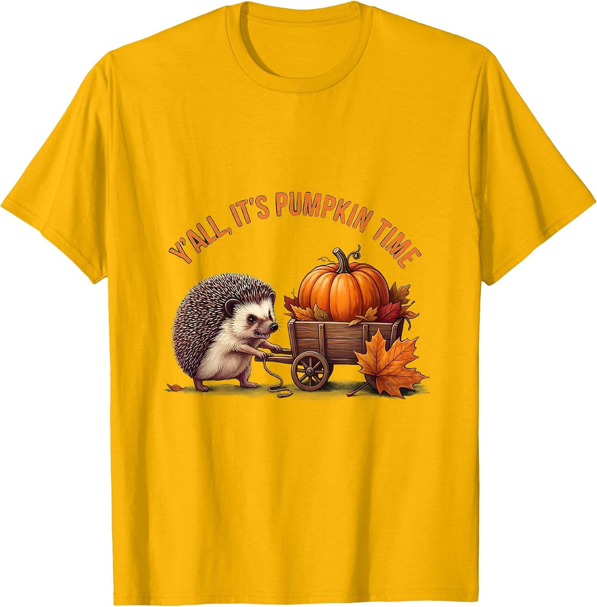 Y'all, It's Pumpkin Time Storybook Hedgehog Autumn Coziness T-Shirt - Golden Yellow