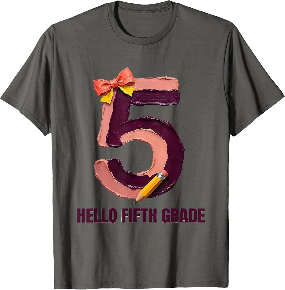 Hello Fifth Grade Cute Coquette Back to School Pencil Bow T-Shirt - Asphalt Grey
