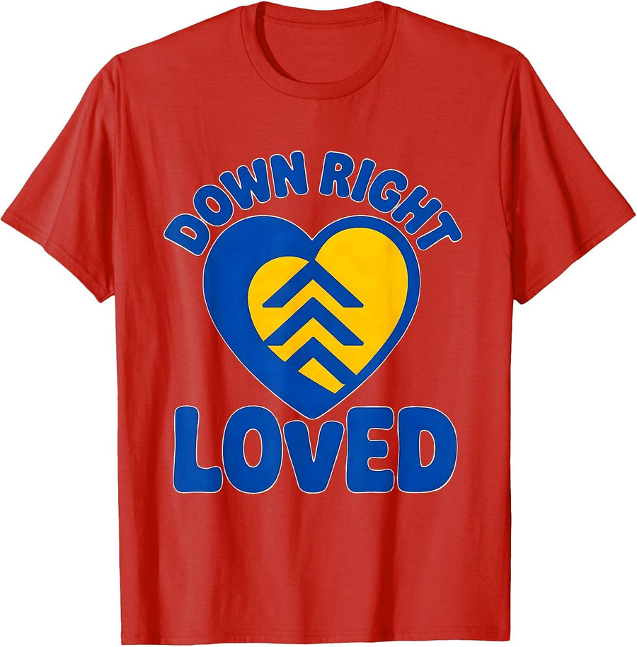 Men's Down Right Loved Heartfelt Down Syndrome Awareness Family T-Shirt - Red