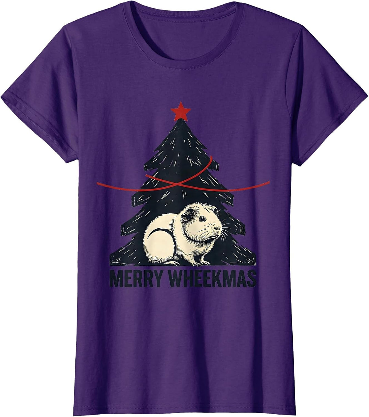 Women's Merry Wheekmas Linocut Guinea Pig Christmas Pet Lover Humor T-Shirt - Purple